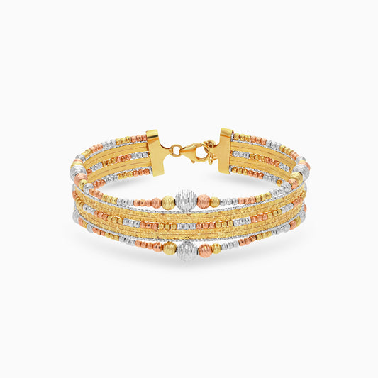 18K Tri-Color Gold Multi Strand Bangle with Textured Bead Accents