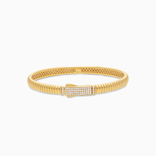18K Yellow Gold Zircon-Accent Ribbed Bangle