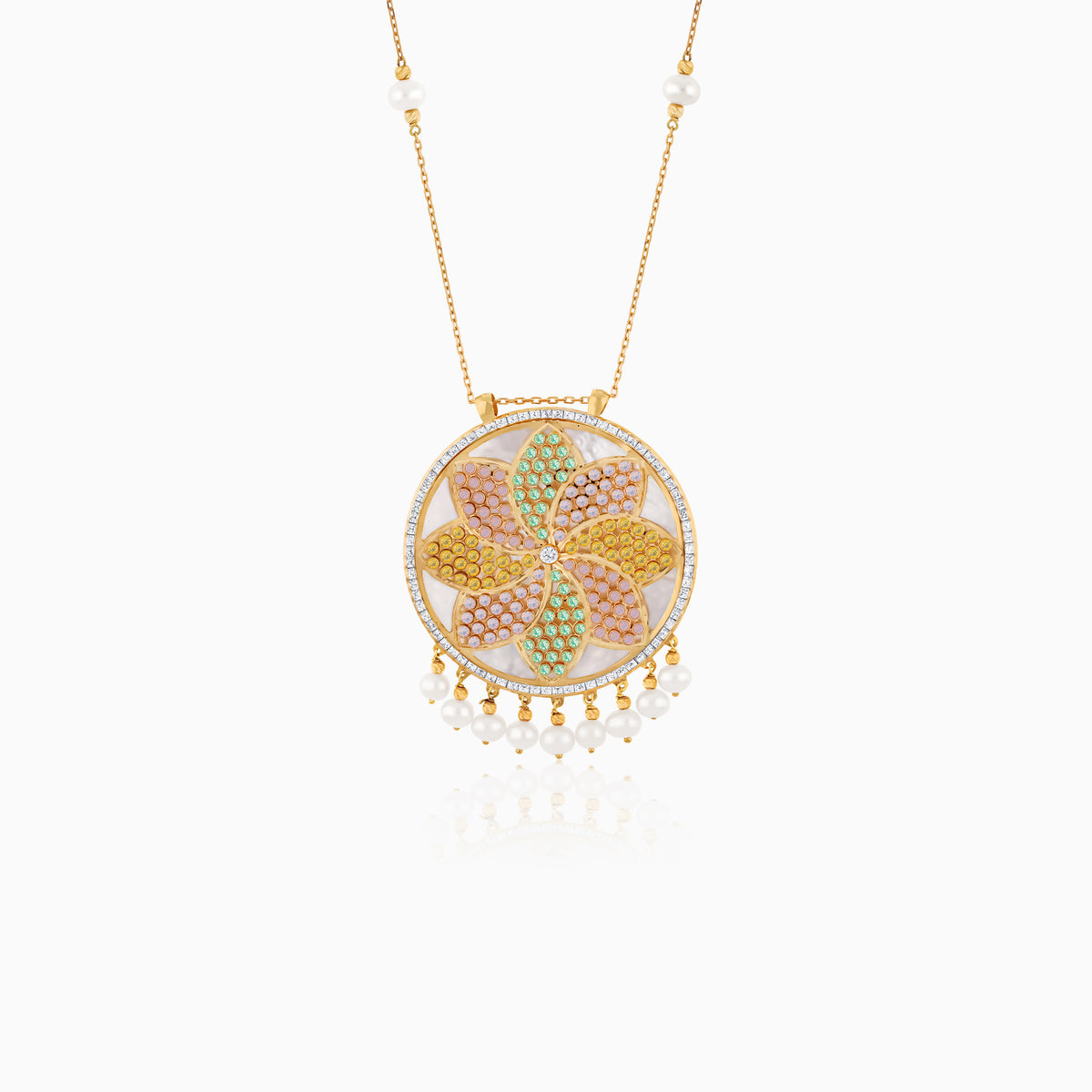 Shamsa Double-Face Pendant with artificial stones and Pearl in 18k Yellow Gold