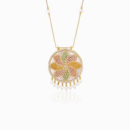 Shamsa Double-Face Pendant with artificial stones and Pearl in 18k Yellow Gold