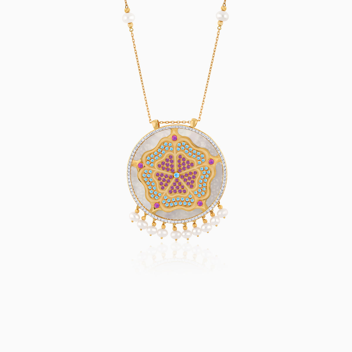 Shamsa Double-Face Pendant with artificial stones and Pearl in 18k Yellow Gold