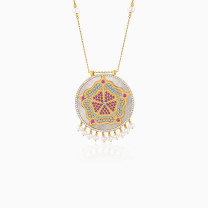 Shamsa Double-Face Pendant with artificial stones and Pearl in 18k Yellow Gold