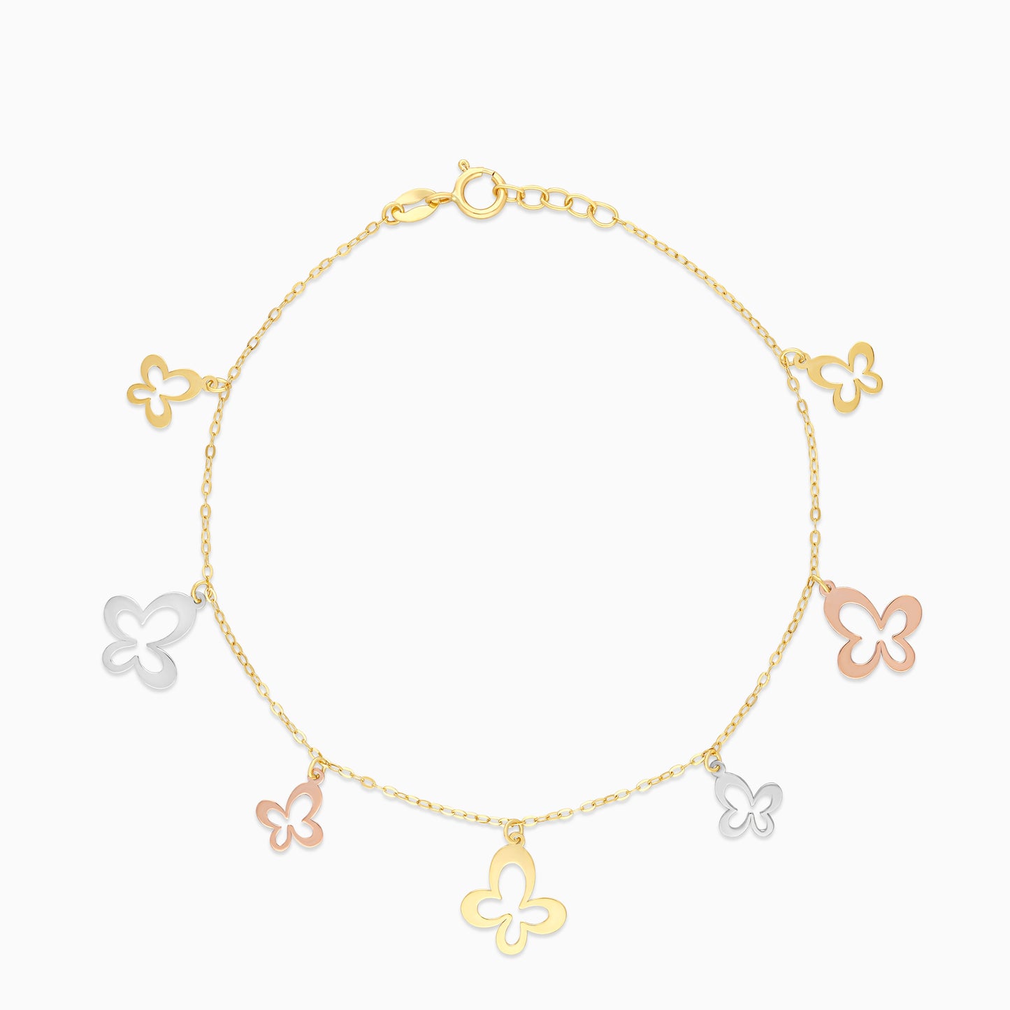 18K Multicolour Gold Charm Bracelet with 2 sizes Dangling Butterflies