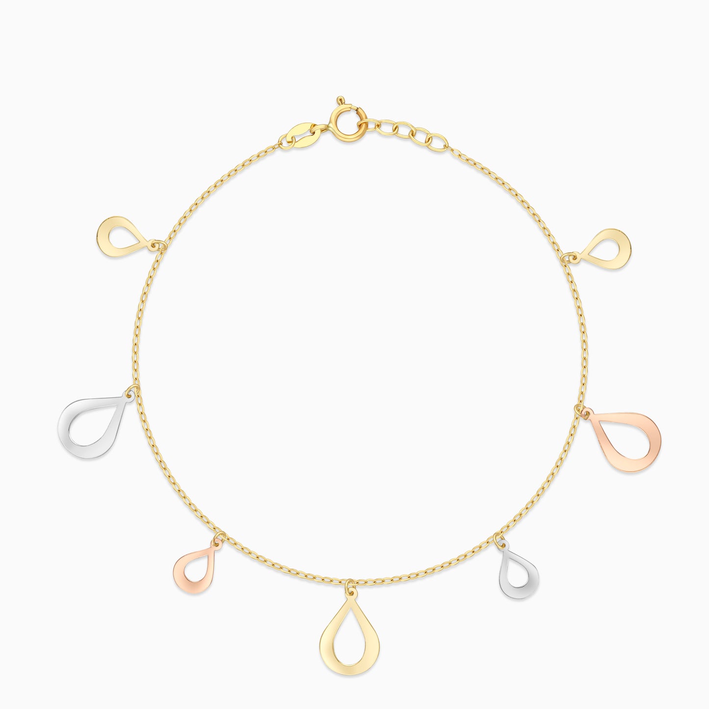 18K Gold Tri-Colour with 2 sizes of Almond Shape Charm Bracelet