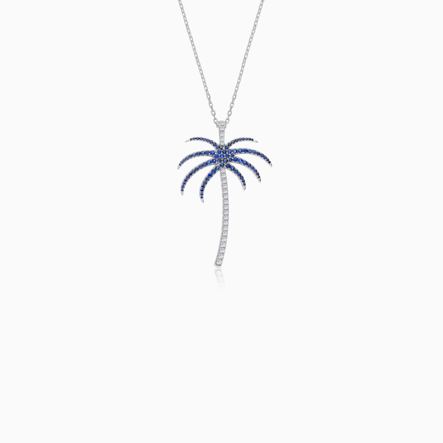 18K White Gold Chain with Palm Tree-Shaped Pendant (40mm) Decorated with Natural Diamond and Blue Sapphire | Al Nakhla Collection
