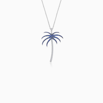 18K White Gold Chain with Palm Tree-Shaped Pendant (40mm) Decorated with Natural Diamond and Blue Sapphire | Al Nakhla Collection