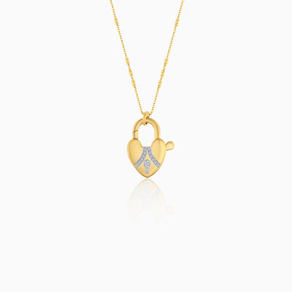 18K Solid Gold Necklace Adorned with Heart-Shaped Lock Set with Natural Diamonds