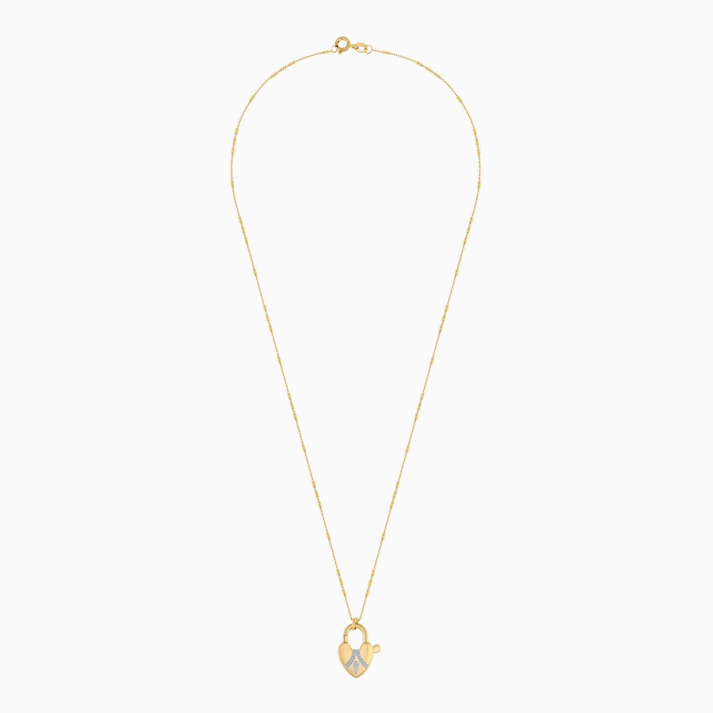 18K Solid Gold Necklace Adorned with Heart-Shaped Lock Set with Natural Diamonds