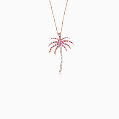 18K Rose Gold Chain with Palm Tree-Shaped Pendant (40mm) Decorated with Natural Diamond and Red Ruby | Al Nakhla Collection