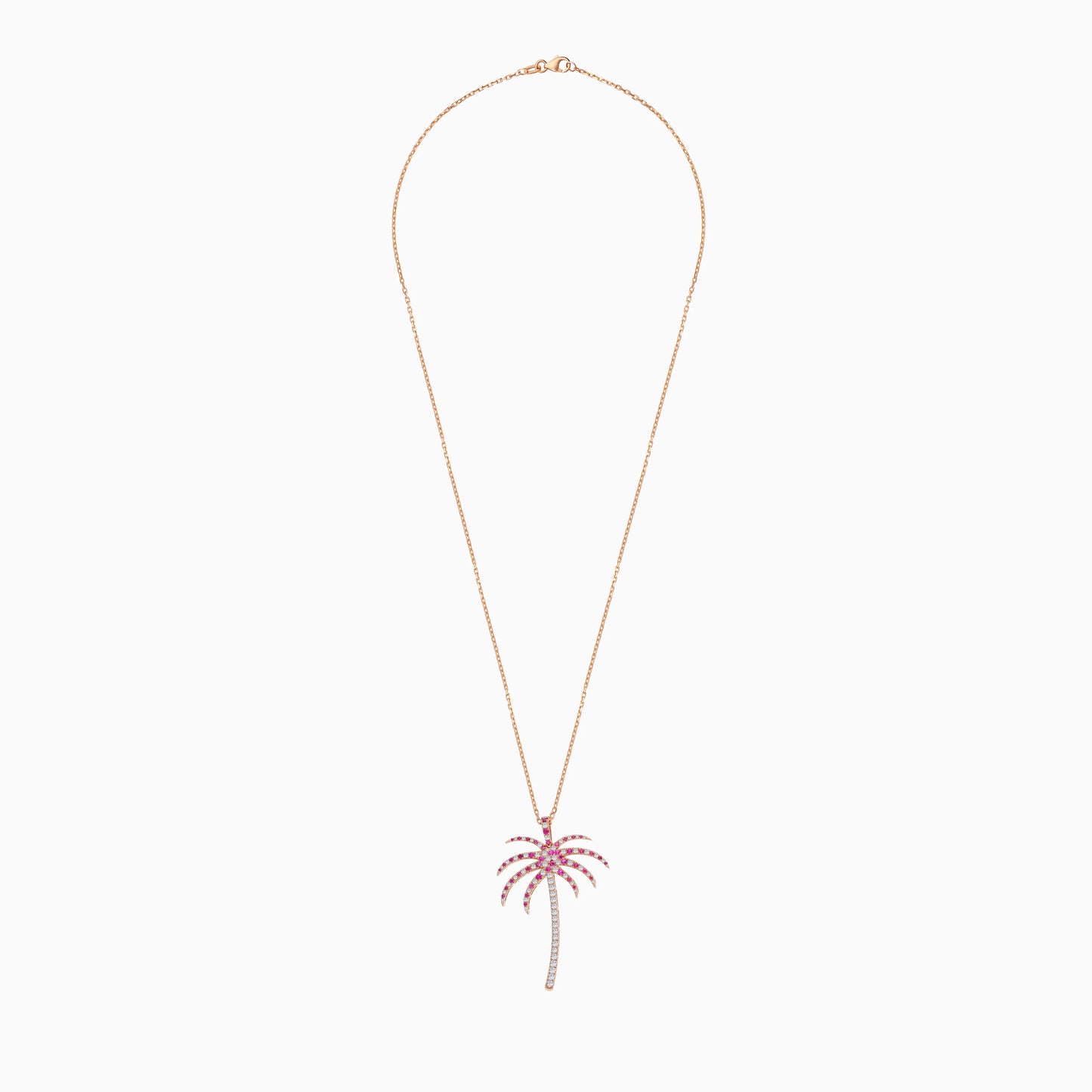 18K Rose Gold Chain with Palm Tree-Shaped Pendant (40mm) Decorated with Natural Diamond and Red Ruby | Al Nakhla Collection