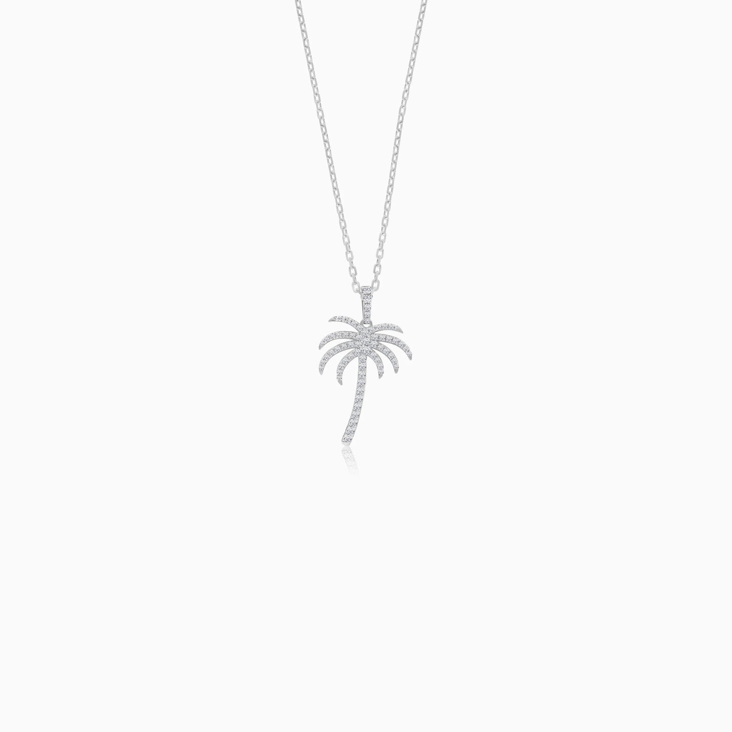 18K White Gold Chain with Palm Tree-Shaped Pendant (20mm) Decorated with Natural Diamond | Al Nakhla Collection