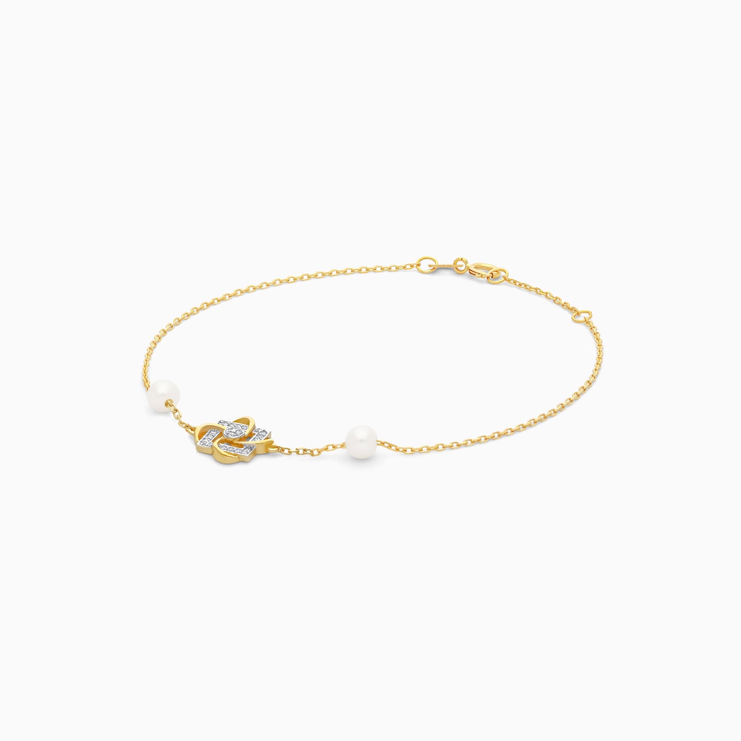 18K Yellow Gold Interlocking Square Diamond and Twin Pearl Bracelet - Danah Diamond Collection