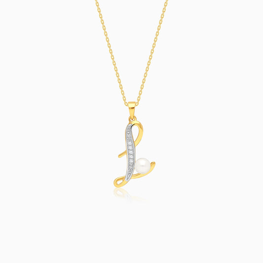 18K YELLOW GOLD CHAIN WITH PENDANT OF LETTER "L" DECORATED WITH NATURAL DIAMOND AND PEARL