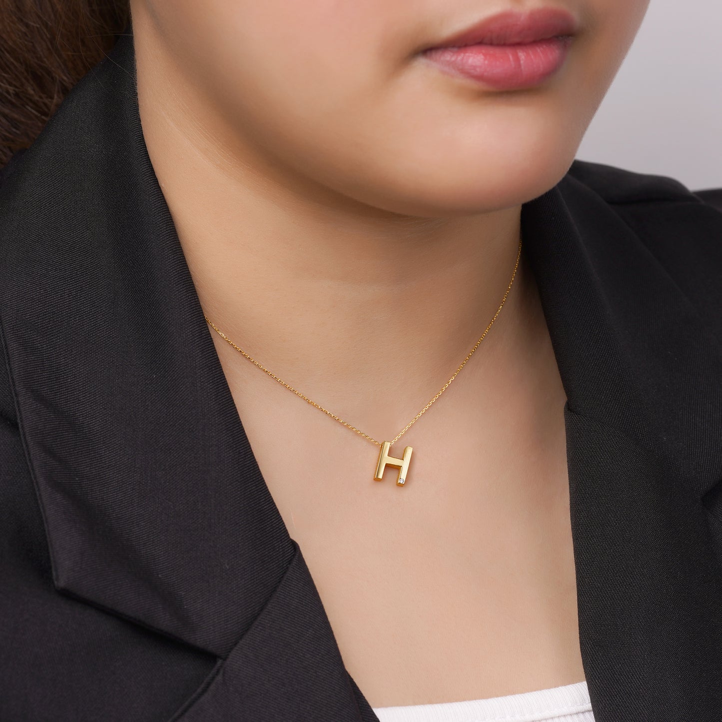 18k Yellow Gold Necklace with Letter “H” Decorated with Single Natural Diamond Stone | Alpha Collection