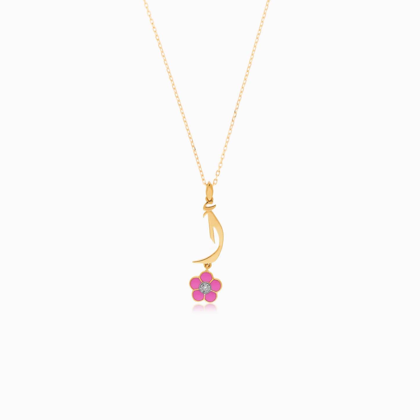 18K Yellow Gold Kids Necklace with Letter 'ALIF' & Pink Flower Diamond – Horoufi Kids Collection