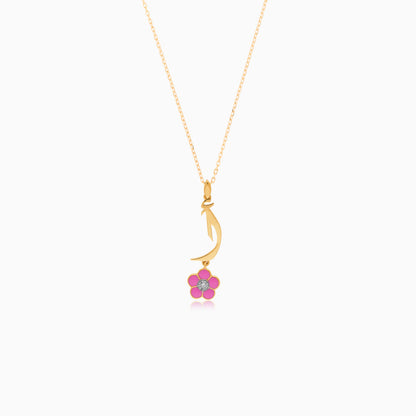 18K Yellow Gold Kids Necklace with Letter 'ALIF' & Pink Flower Diamond – Horoufi Kids Collection