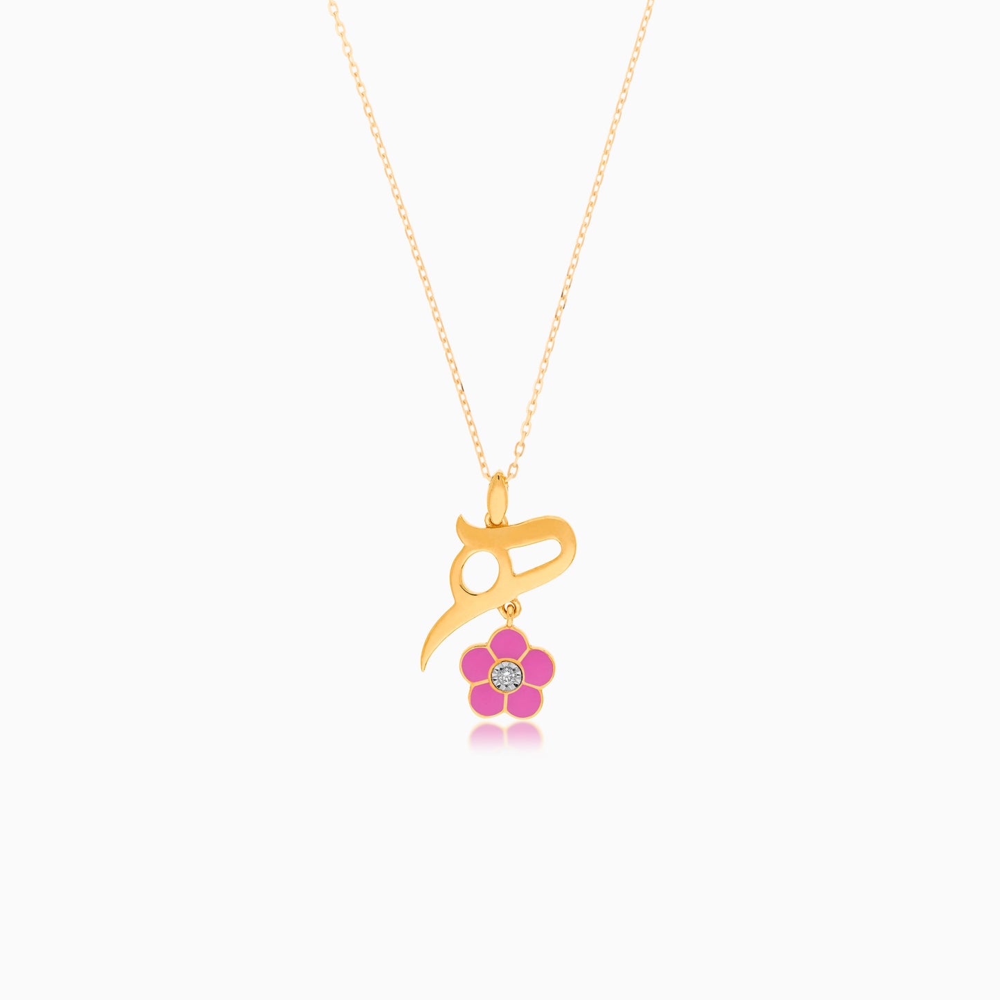 18k yellow gold kids necklace with letter Haa with dangling pink flower decorated with a single natural diamond in the centre