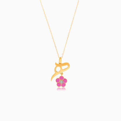 18k yellow gold kids necklace with letter Haa with dangling pink flower decorated with a single natural diamond in the centre