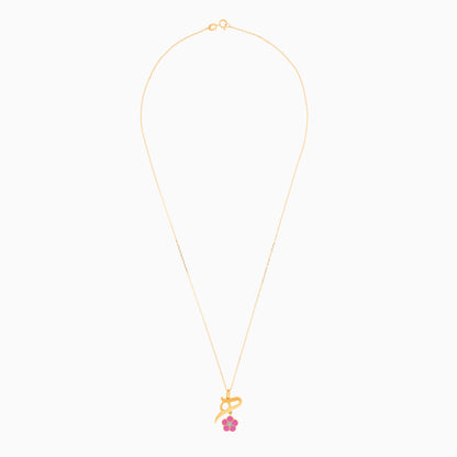 18k yellow gold kids necklace with letter Haa with dangling pink flower decorated with a single natural diamond in the centre