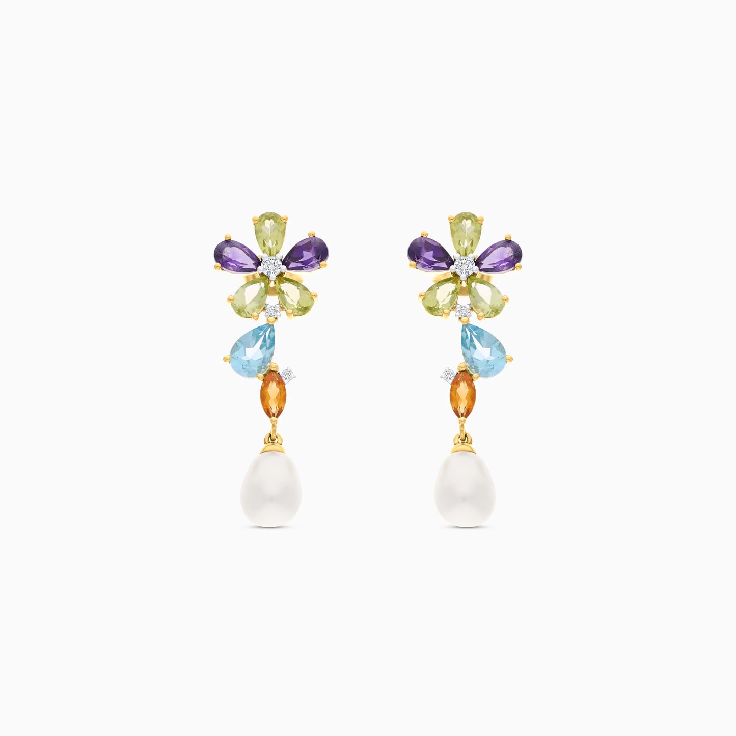 18K  YELLOW GOLD PEARL EARRING WITH NATURAL DIAMOND &amp; GEMSTONES