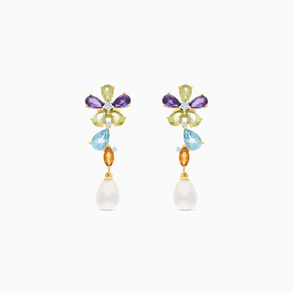 18K  YELLOW GOLD PEARL EARRING WITH NATURAL DIAMOND &amp; GEMSTONES