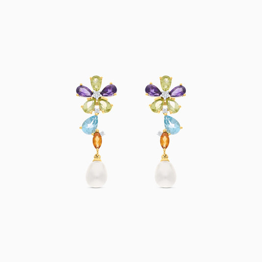 18K  YELLOW GOLD PEARL EARRING WITH NATURAL DIAMOND &amp; GEMSTONES