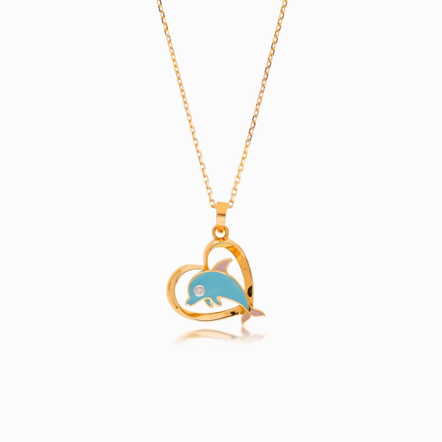 18K YELLOW GOLD NECKLACE WITH HEART AND DOLPHIN SHAPED DECORATED WITH Turquoise & Pink  COLORS AND NATURAL DIAMOND STONE FOR KIDS