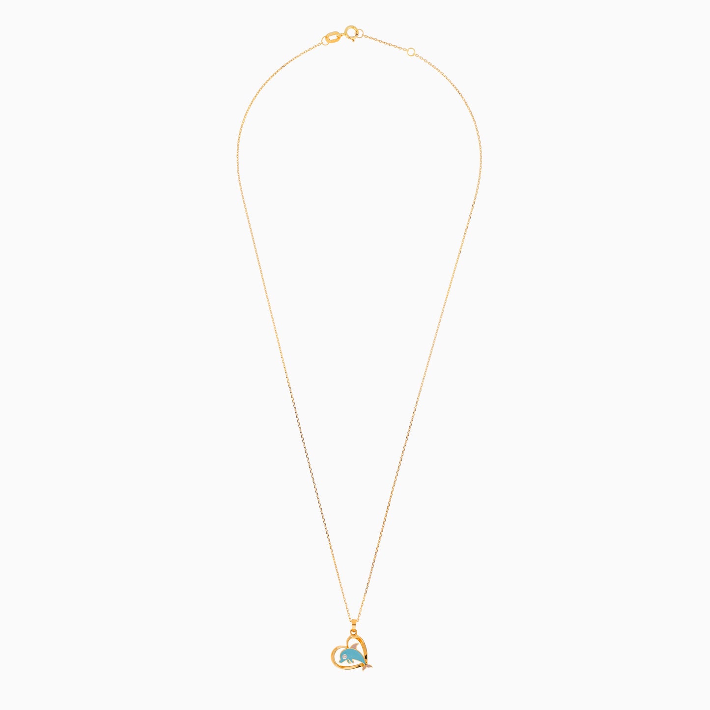 18K YELLOW GOLD NECKLACE WITH HEART AND DOLPHIN SHAPED DECORATED WITH Turquoise & Pink  COLORS AND NATURAL DIAMOND STONE FOR KIDS