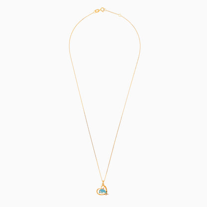 18K YELLOW GOLD NECKLACE WITH HEART AND DOLPHIN SHAPED DECORATED WITH Turquoise & Pink  COLORS AND NATURAL DIAMOND STONE FOR KIDS