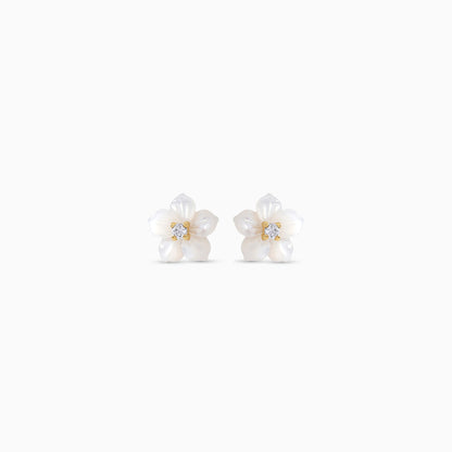 18K Gold Earrings with White Mother of Pearl Flower