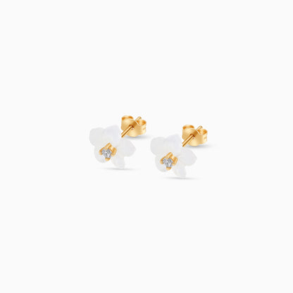 18K Gold Earrings with White Mother of Pearl Flower