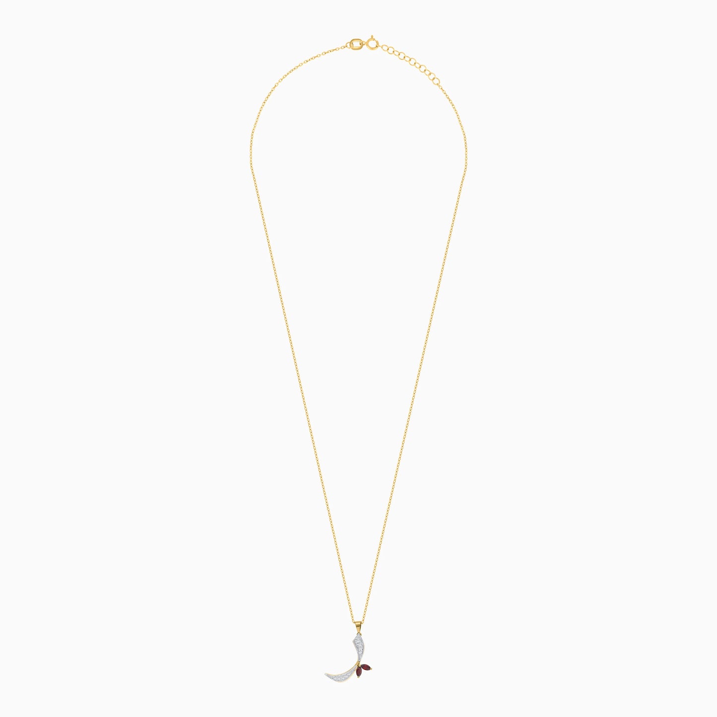 18k Yellow Gold 'Raa' Arabic Letter Necklace decorated With Natural diamond and garnet stones