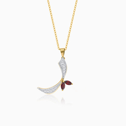 18k Yellow Gold 'Raa' Arabic Letter Necklace decorated With Natural diamond and garnet stones