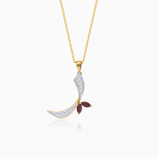 18k Yellow Gold 'Raa' Arabic Letter Necklace decorated With Natural diamond and garnet stones