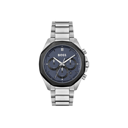 Boss Quartz Movement Watch  In A Round Case With Stainless Steel Bracelet And Blue Dial