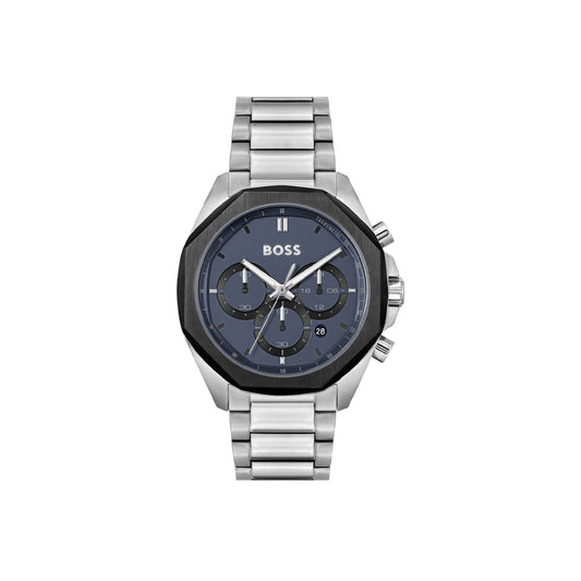 Boss Quartz Movement Watch  In A Round Case With Stainless Steel Bracelet And Blue Dial