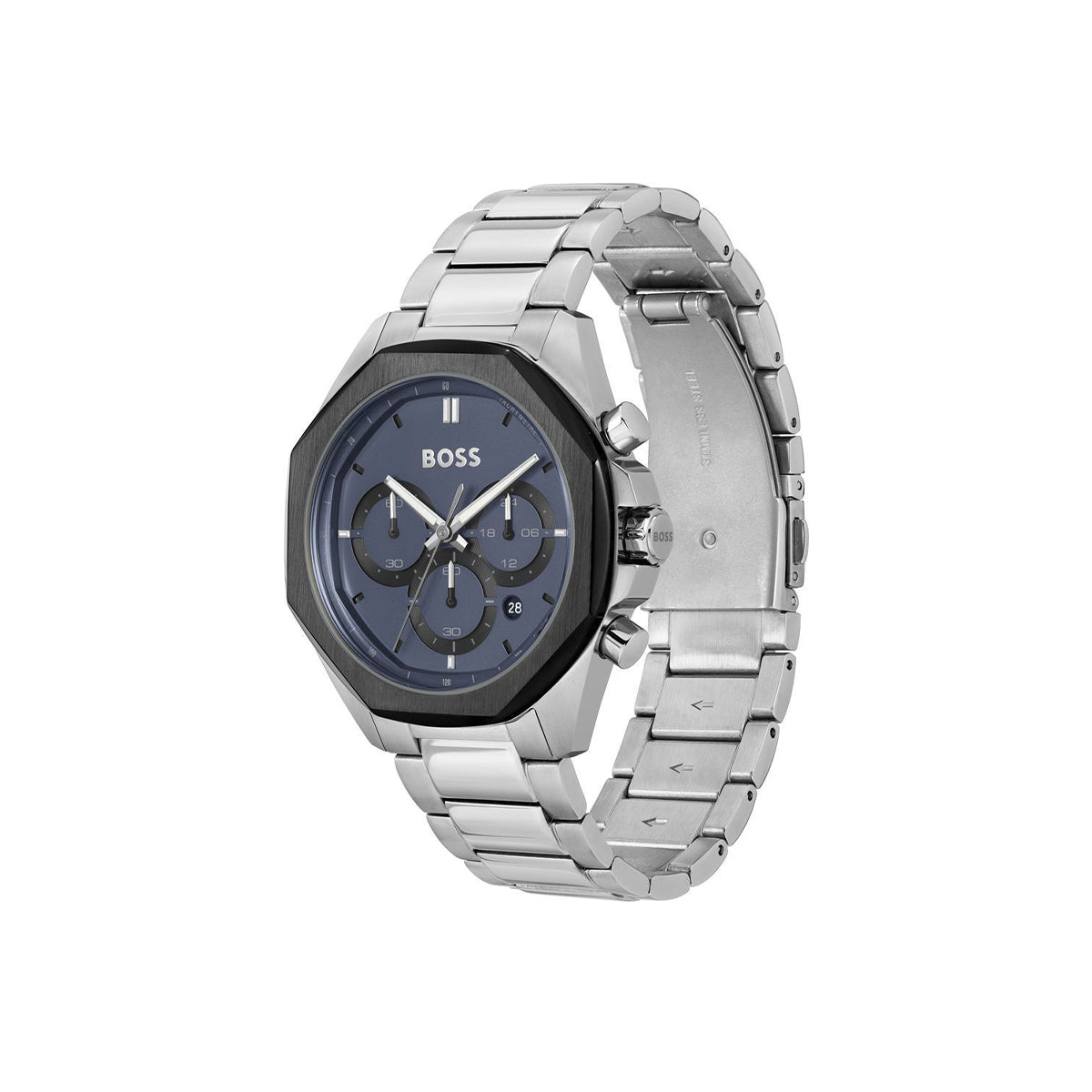 Boss Quartz Movement Watch  In A Round Case With Stainless Steel Bracelet And Blue Dial