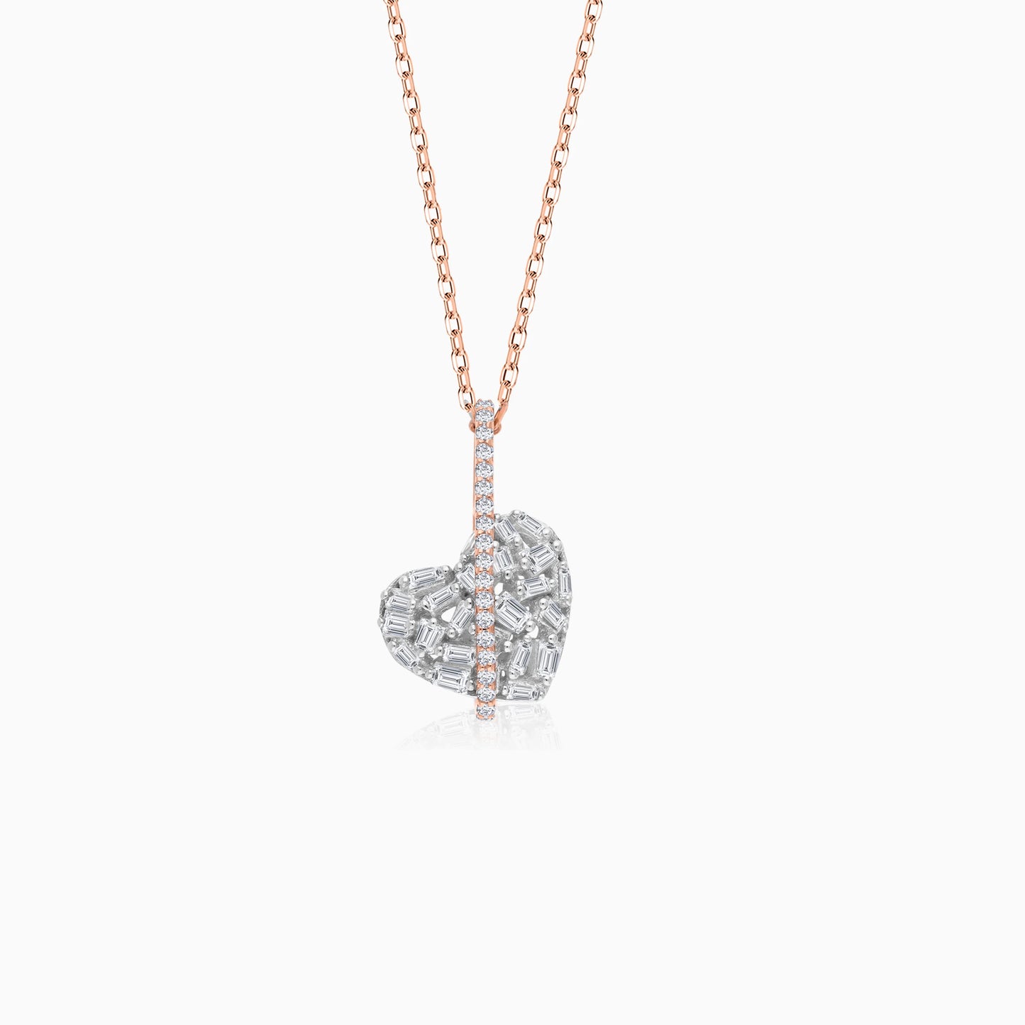 18K WHITE AND ROSE GOLD NECKLACE HEART SHAPE DECORATED WITH BAGUETTE, ROUND BRILLIANT - CUT NATURAL DIAMOND STONES