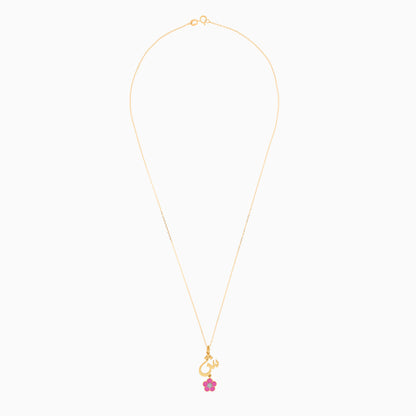 18k Yellow Gold Kids Necklace – Letter “Sheen” with Pink Flower & Natural Diamond | Horoufi Kids Collection