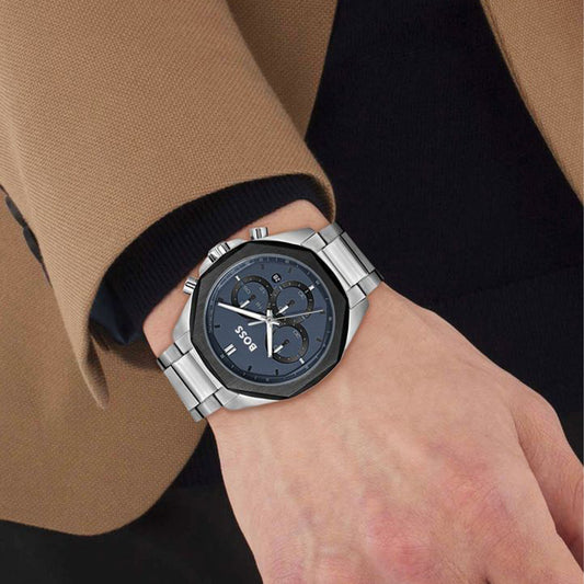 Boss Quartz Movement Watch  In A Round Case With Stainless Steel Bracelet And Blue Dial