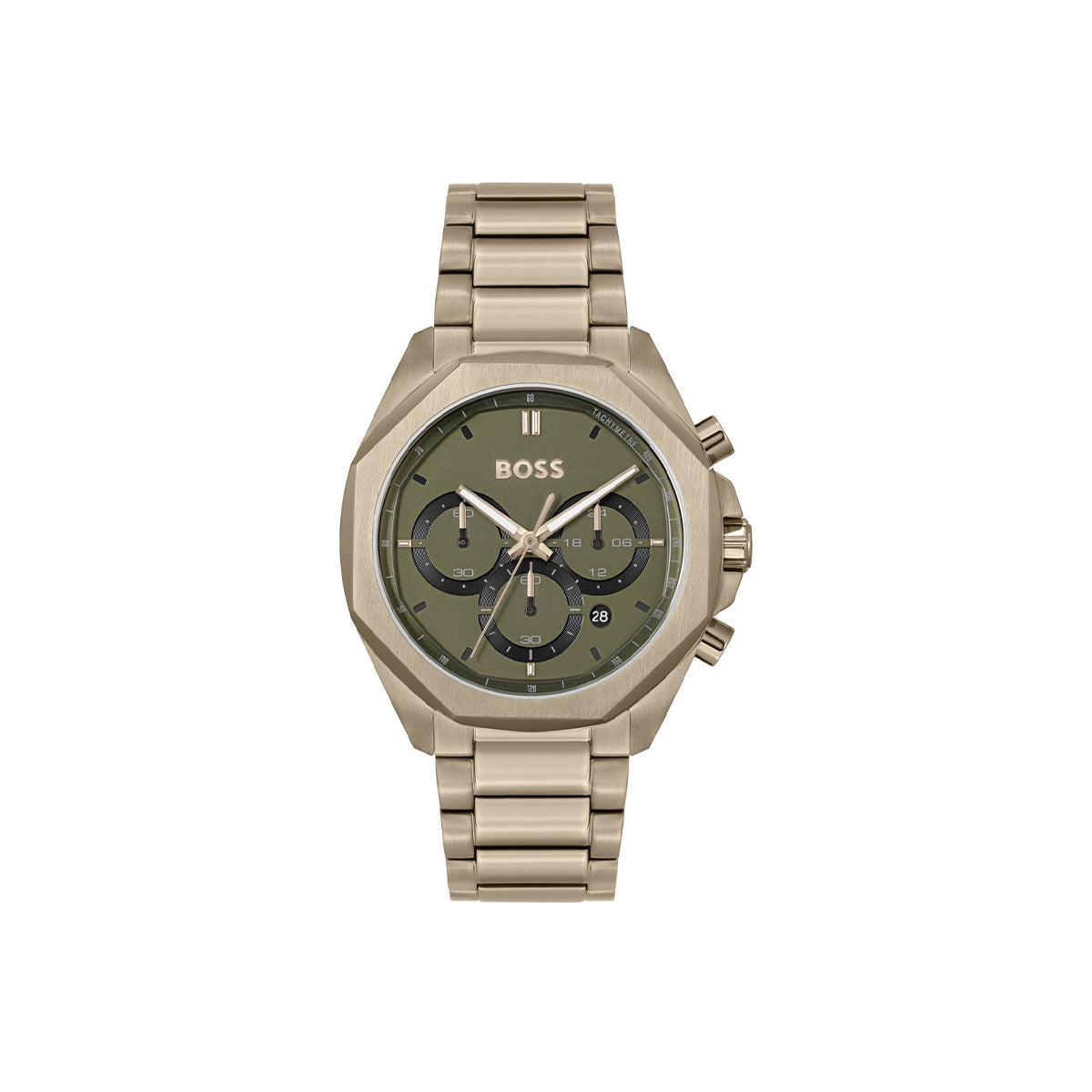 Boss Watch Quartz Movement In A Round Case With Beige Stainless Steel Bracelet And Green Dial