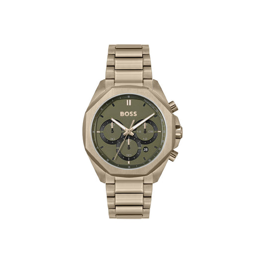 Boss Watch Quartz Movement In A Round Case With Beige Stainless Steel Bracelet And Green Dial