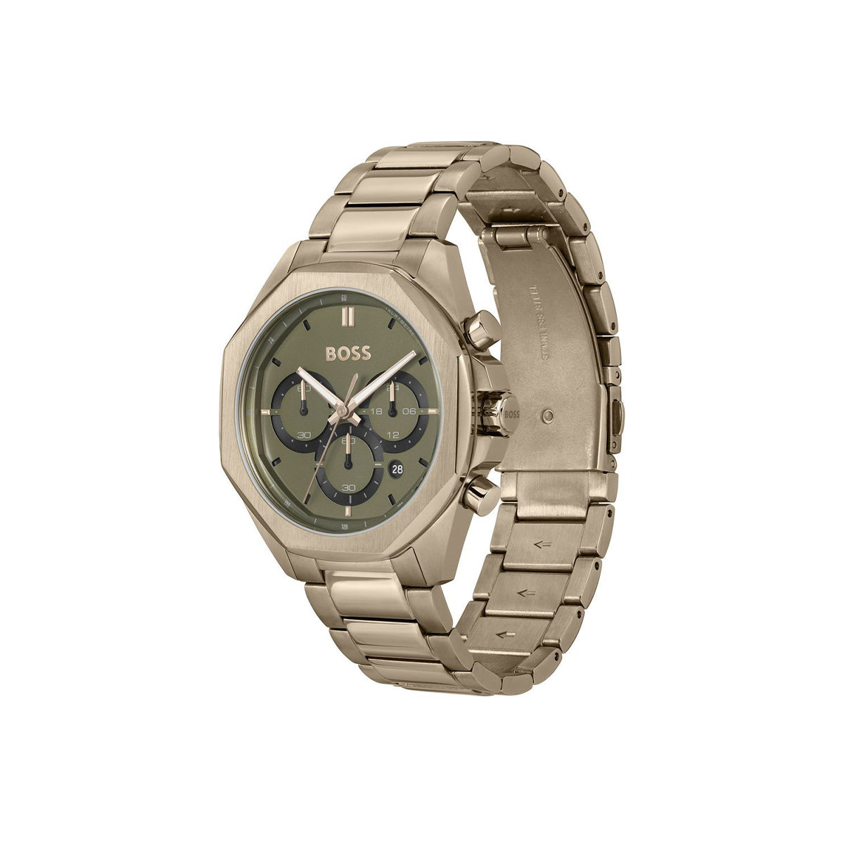Boss Watch Quartz Movement In A Round Case With Beige Stainless Steel Bracelet And Green Dial