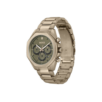 Boss Watch Quartz Movement In A Round Case With Beige Stainless Steel Bracelet And Green Dial