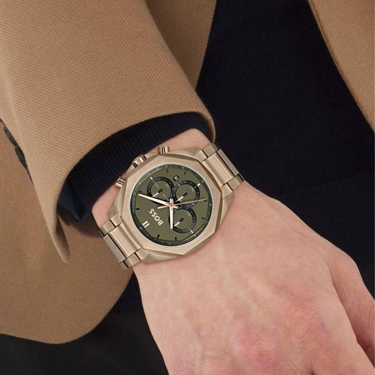Boss Watch Quartz Movement In A Round Case With Beige Stainless Steel Bracelet And Green Dial