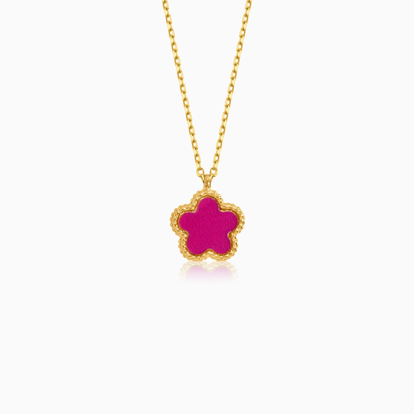 18k yellow gold necklace with double face pendant flower shape decorated with MOP and pink  colour for kids - Vivante collection