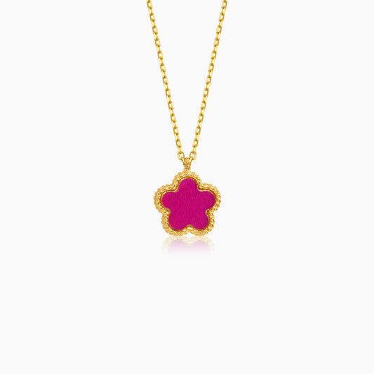 18k yellow gold necklace with double face pendant flower shape decorated with MOP and pink  colour for kids - Vivante collection