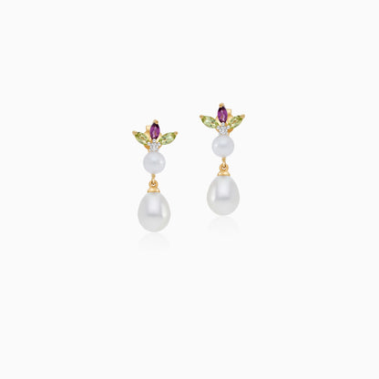 18K Yellow Gold Earrings with Diamond, Gemstone Flowers & Pearls – Danah Collection