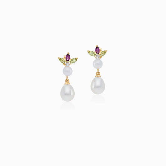 18K Yellow Gold Earrings with Diamond, Gemstone Flowers & Pearls – Danah Collection
