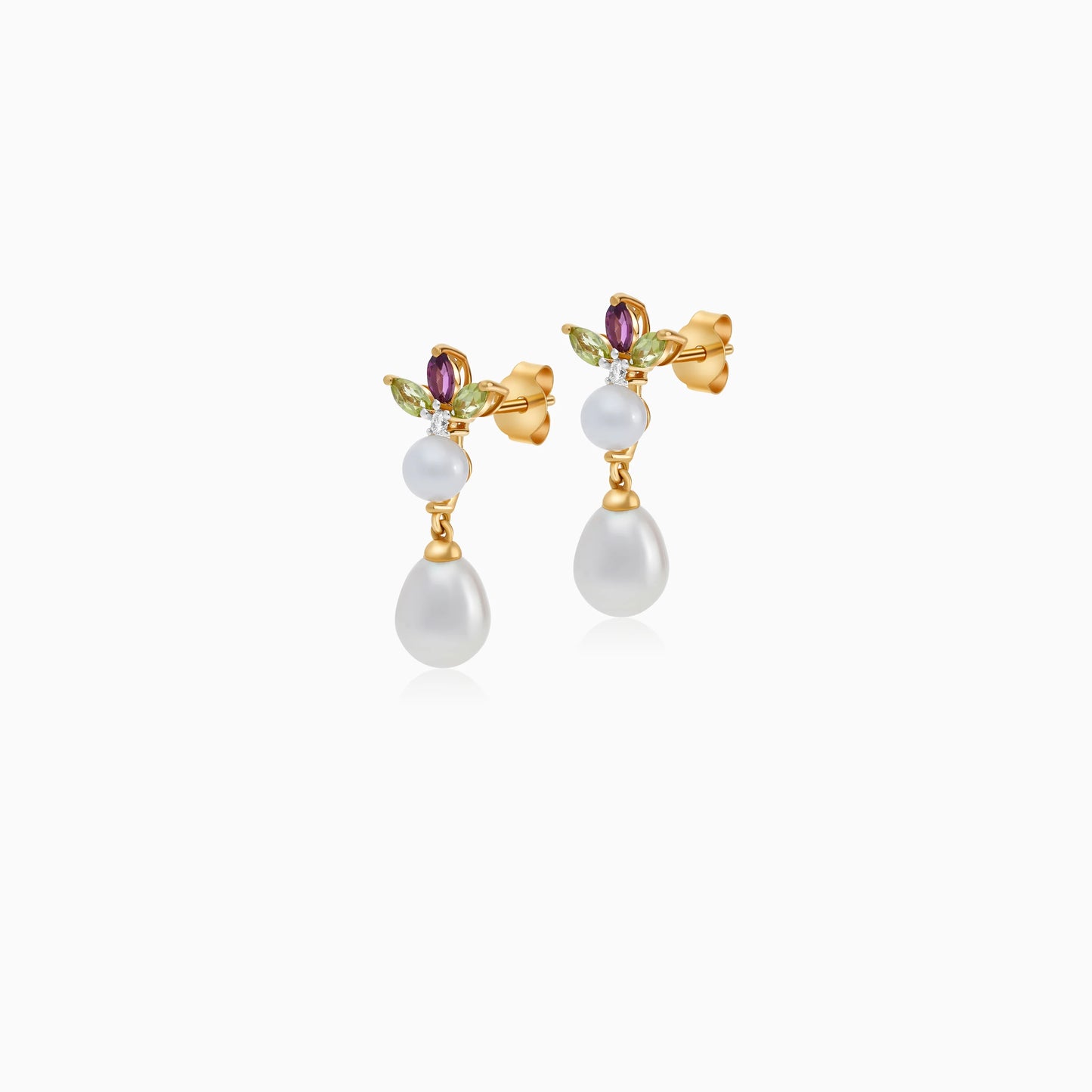 18K Yellow Gold Earrings with Diamond, Gemstone Flowers & Pearls – Danah Collection